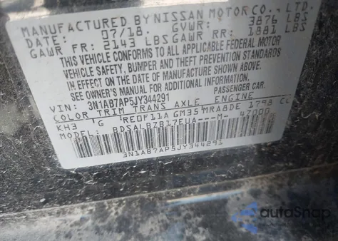 2018 Nissan Sentra S z USA, uszkodzony, nr VIN 3N1AB7AP5JY344291